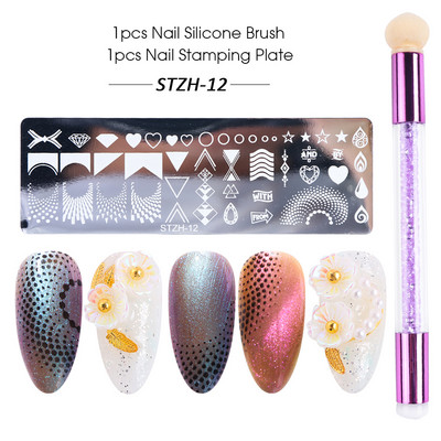 Set pločica za utiskivanje noktiju od 2 komada Silikonska spužvasta četkica Šablone za prijenos laka Cvjetna geometrija DIY šablona Alat za nokte CHSTZN01-12-