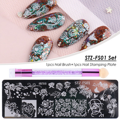 Set pločica za utiskivanje noktiju od 2 komada Silikonska spužvasta četkica Šablone za prijenos laka Cvjetna geometrija DIY šablona Alat za nokte CHSTZN01-12-