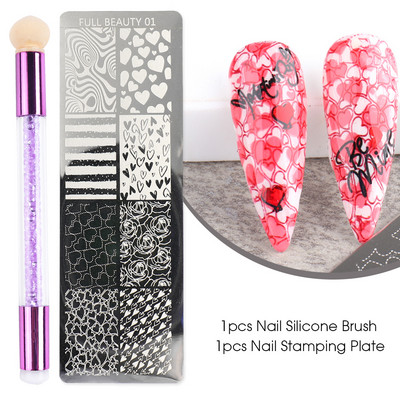 Set pločica za utiskivanje noktiju od 2 komada Silikonska spužvasta četkica Šablone za prijenos laka Cvjetna geometrija DIY šablona Alat za nokte CHSTZN01-12-
