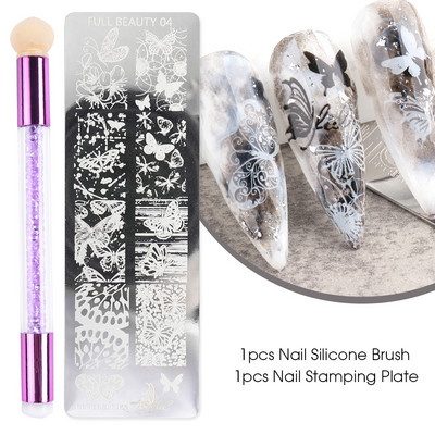 Set pločica za utiskivanje noktiju od 2 komada Silikonska spužvasta četkica Šablone za prijenos laka Cvjetna geometrija DIY šablona Alat za nokte CHSTZN01-12-