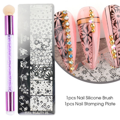Set pločica za utiskivanje noktiju od 2 komada Silikonska spužvasta četkica Šablone za prijenos laka Cvjetna geometrija DIY šablona Alat za nokte CHSTZN01-12-