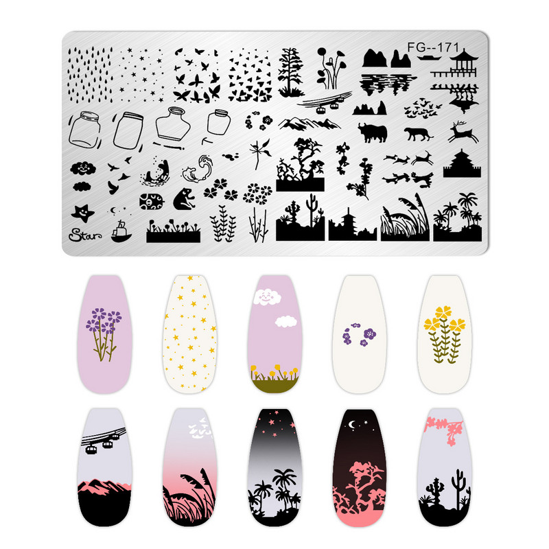 Χαριτωμένα πιάτα για σφράγιση νυχιών με χαριτωμένα ζώα Επιτύπωση κύματα δέντρων καρύδας Σειρά Nail Art Image Stamp Στένσιλ από ανοξείδωτο χάλυβα Εργαλεία νυχιών