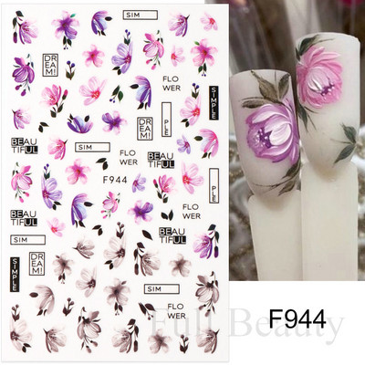 Piekariņi, ziedi, 3D nagu uzlīmes, rozā purpursarkani ziedi, lilija, tulpe, ziedu nagu mākslas uzlīmes, slīdņi, vasaras augļu manikīra dekorācijas