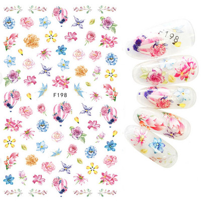 Piekariņi, ziedi, 3D nagu uzlīmes, rozā purpursarkani ziedi, lilija, tulpe, ziedu nagu mākslas uzlīmes, slīdņi, vasaras augļu manikīra dekorācijas