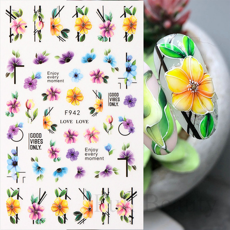 Piekariņi, ziedi, 3D nagu uzlīmes, rozā purpursarkani ziedi, lilija, tulpe, ziedu nagu mākslas uzlīmes, slīdņi, vasaras augļu manikīra dekorācijas