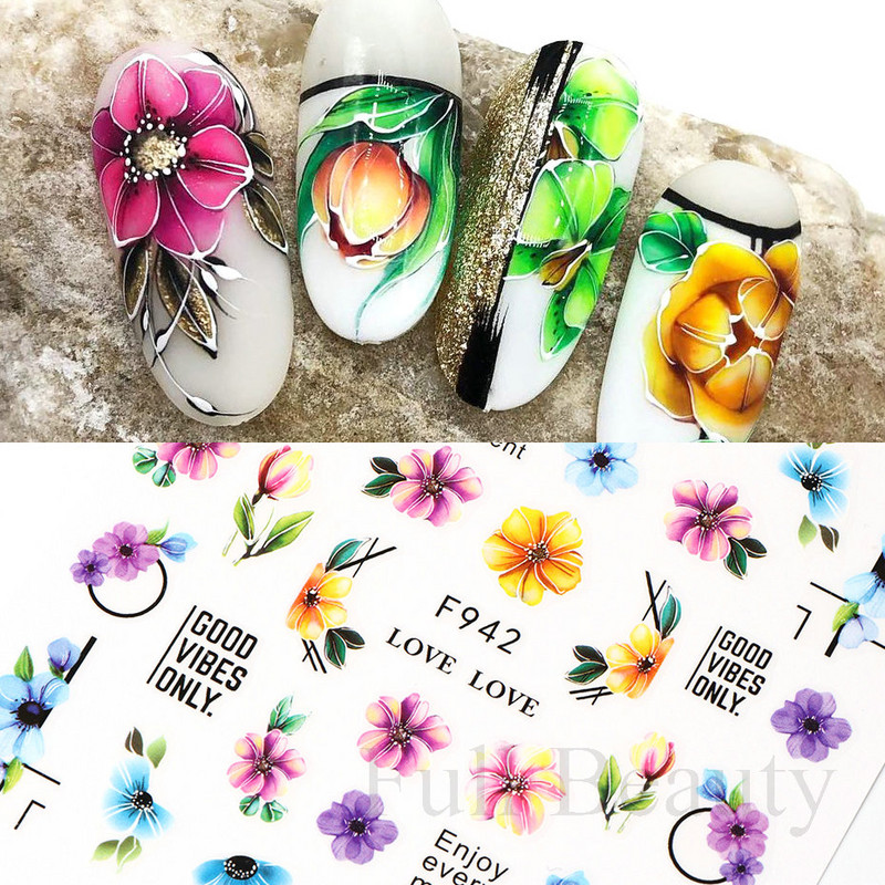 Piekariņi, ziedi, 3D nagu uzlīmes, rozā purpursarkani ziedi, lilija, tulpe, ziedu nagu mākslas uzlīmes, slīdņi, vasaras augļu manikīra dekorācijas