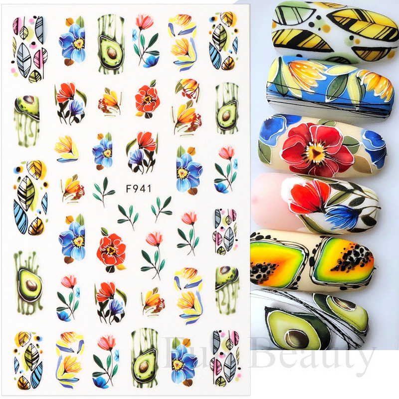 Piekariņi, ziedi, 3D nagu uzlīmes, rozā purpursarkani ziedi, lilija, tulpe, ziedu nagu mākslas uzlīmes, slīdņi, vasaras augļu manikīra dekorācijas