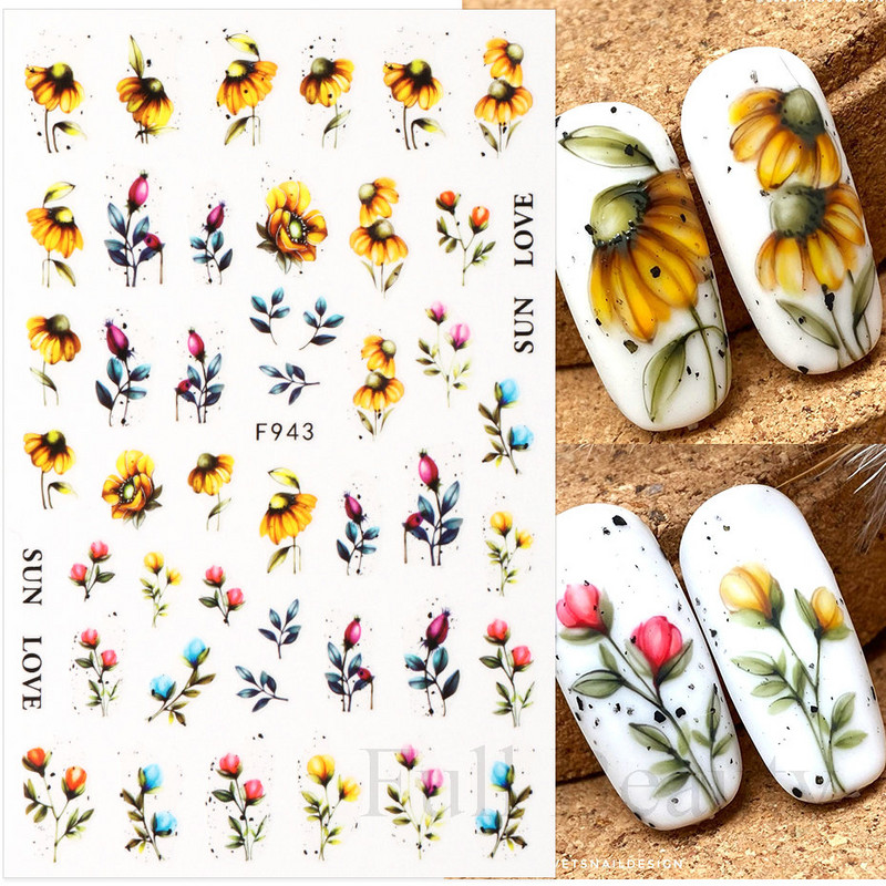 Piekariņi, ziedi, 3D nagu uzlīmes, rozā purpursarkani ziedi, lilija, tulpe, ziedu nagu mākslas uzlīmes, slīdņi, vasaras augļu manikīra dekorācijas