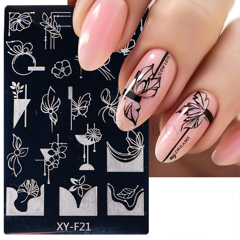 1gab Lapas Ziedi Nagu apzīmogošanas plāksnes Pavasara Lapu Ziedu tauriņu līnijas dizains Nagu lakas apdrukas trafaretu veidnes rīki