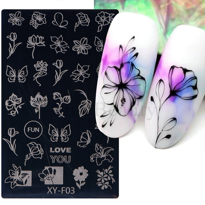 1gab Lapas Ziedi Nagu apzīmogošanas plāksnes Pavasara Lapu Ziedu tauriņu līnijas dizains Nagu lakas apdrukas trafaretu veidnes rīki