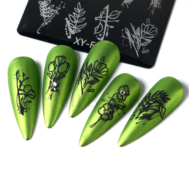 1gab Lapas Ziedi Nagu apzīmogošanas plāksnes Pavasara Lapu Ziedu tauriņu līnijas dizains Nagu lakas apdrukas trafaretu veidnes rīki