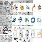 Kosmosa zvaigžņotā debess Mēness nagu apzīmogošanas plāksnes Zvaigznes Kosmoss Astronauts Visums Pattern Nail Art Attēla veidne Manikīra trafareta rīks