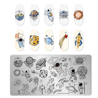 Kosmosa zvaigžņotā debess Mēness nagu apzīmogošanas plāksnes Zvaigznes Kosmoss Astronauts Visums Pattern Nail Art Attēla veidne Manikīra trafareta rīks