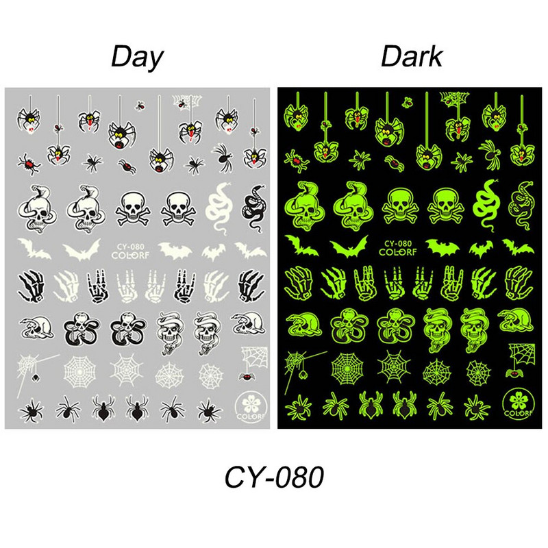 9 komada svjetlećih u tami Halloween Nail Art naljepnica Set Spider Web Pumpkin Ghost Fluorescentne svjetleće naljepnice za nokte Klizači