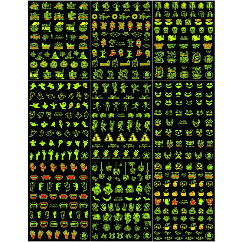 9 komada svjetlećih u tami Halloween Nail Art naljepnica Set Spider Web Pumpkin Ghost Fluorescentne svjetleće naljepnice za nokte Klizači