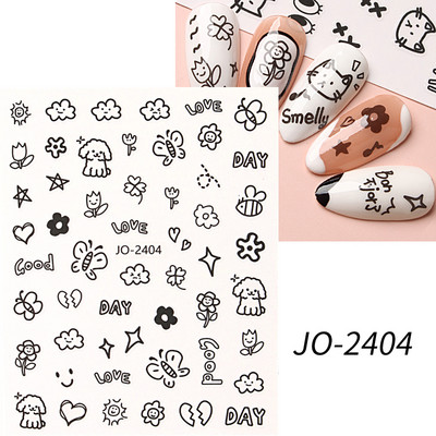 Mīlīgs melns kaķis nagu uzlīmes uzlīmes 3D kaķu ziedi nagu mākslas rotājumi jauki multfilmas slīdņi vasaras manikīrs