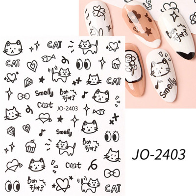 Mīlīgs melns kaķis nagu uzlīmes uzlīmes 3D kaķu ziedi nagu mākslas rotājumi jauki multfilmas slīdņi vasaras manikīrs