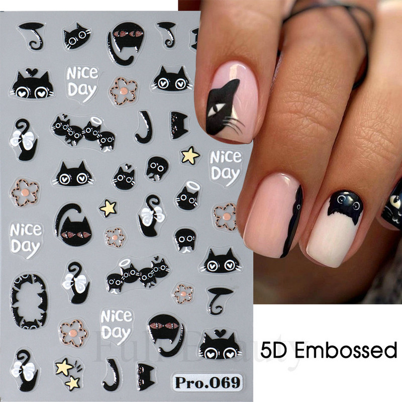 Mīlīgs melns kaķis nagu uzlīmes uzlīmes 3D kaķu ziedi nagu mākslas rotājumi jauki multfilmas slīdņi vasaras manikīrs