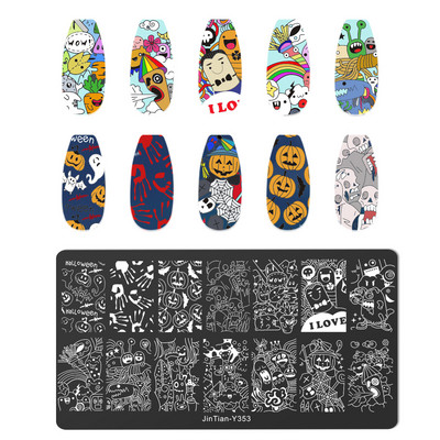 Halloween Ploče za utiskivanje noktiju lubanja Bundeva Pravokutnik Predložak Šablone Nail Art Stamp Slika Ploča Manikura Alati za ispis noktiju