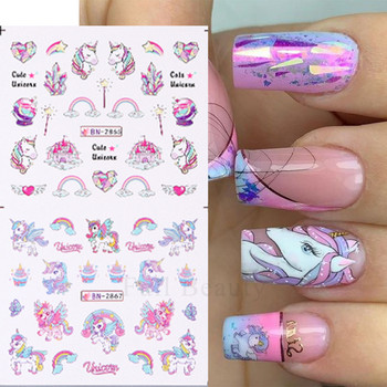 12 дизайна Pink Unicorn Water Transfer Slider Rainbow Horse Ice Cream Heart Cartoon Anime Nail Sticker Полираща декорация на нокти