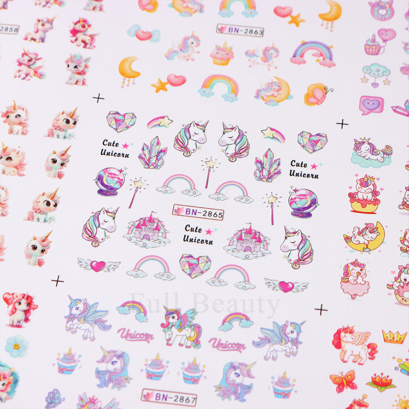 12 dizajna Pink Unicorn Water Transfer Slider Rainbow Horse Ice Cream Srce Crtić Anime Naljepnica za nokte Poliranje Ukrasi za nokte