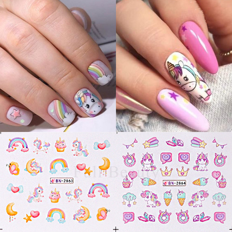 12 dizajna Pink Unicorn Water Transfer Slider Rainbow Horse Ice Cream Srce Crtić Anime Naljepnica za nokte Poliranje Ukrasi za nokte