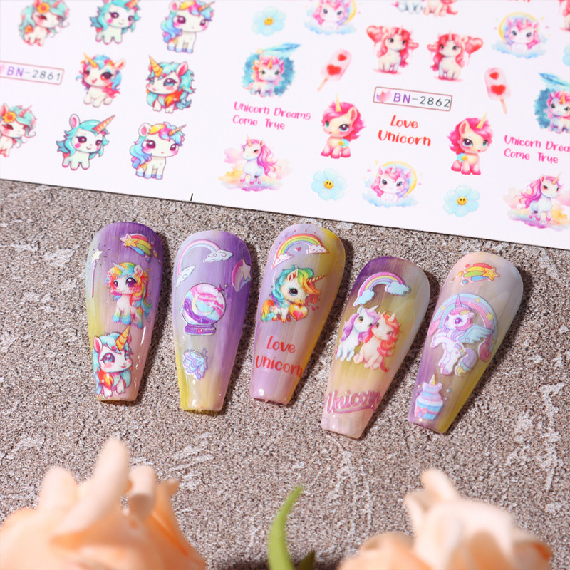 12 dizajna Pink Unicorn Water Transfer Slider Rainbow Horse Ice Cream Srce Crtić Anime Naljepnica za nokte Poliranje Ukrasi za nokte