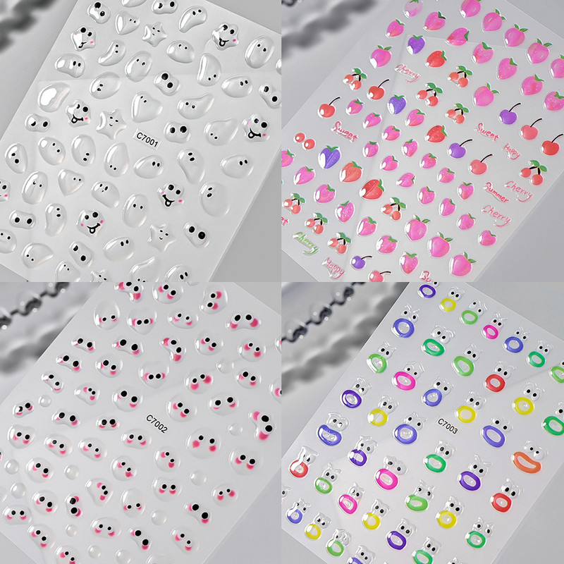 1 gab Kawaii Jelly Eye Zemeņu Augļu Nail Art Uzlīmes Funny Mouth Monster Bean Adhesive Slider Decals Manikīra dekorēšanai