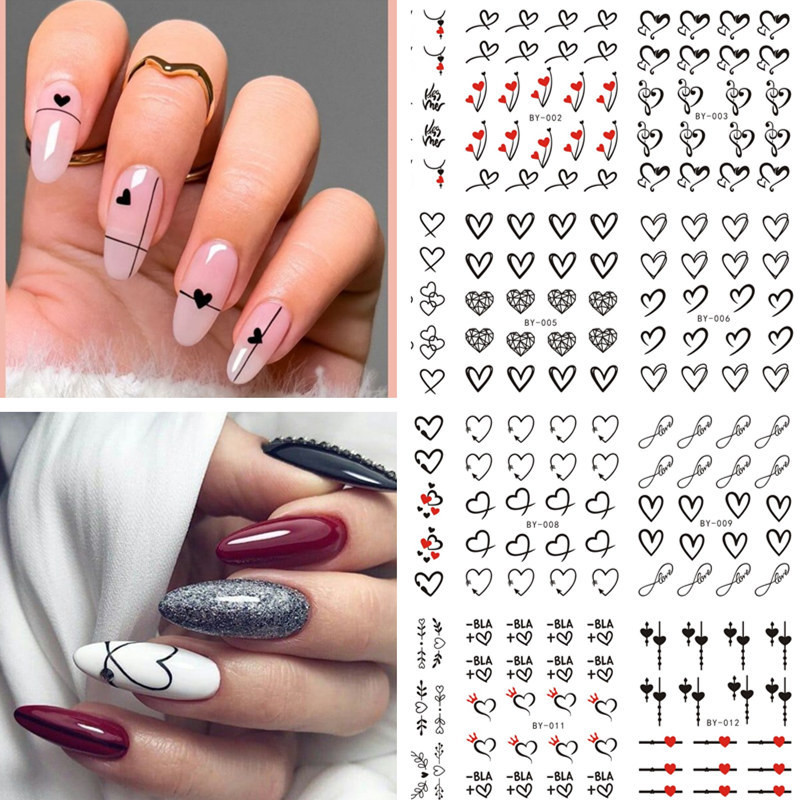 12 komada Ljubavno srce Vodene naljepnice za nokte Valentinovo Naljepnice za nokte Rainbow Swirl Ribbon Wave Line Naljepnice za nokte Naljepnice za francuske nokte