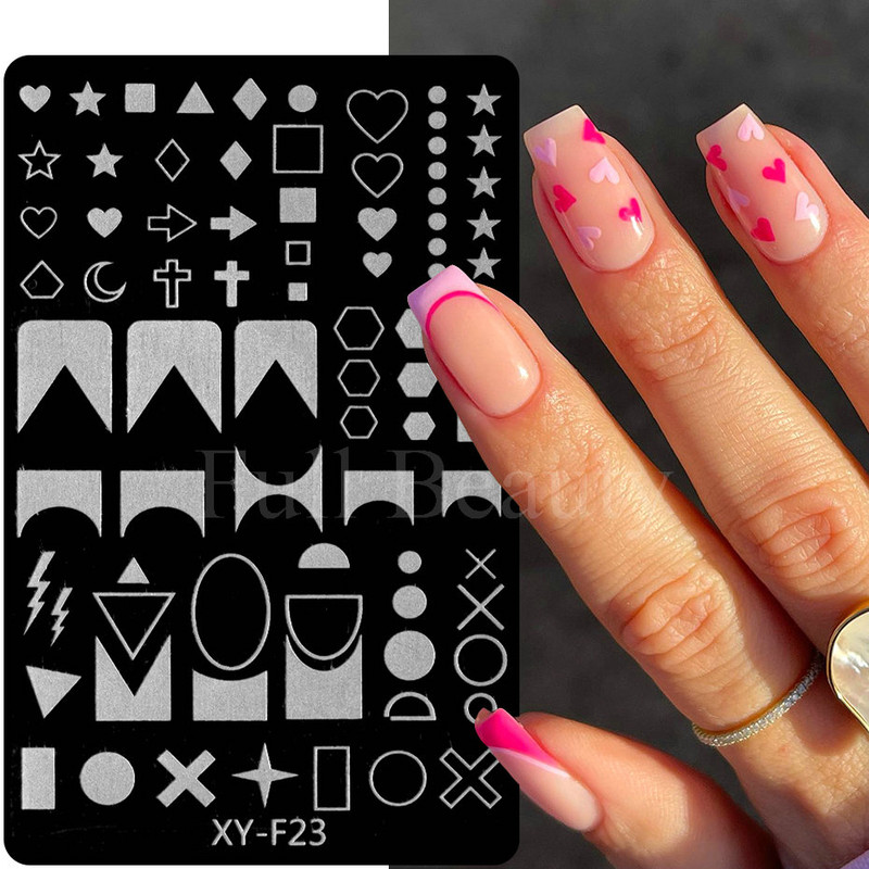 Franču nagu apzīmogošanas plāksne ģeometriskā līnija zvaigzne sirds ziedi nagu mākslas zīmogu veidnes attēlu drukāšanas zīmogi trafaretu manikīrs