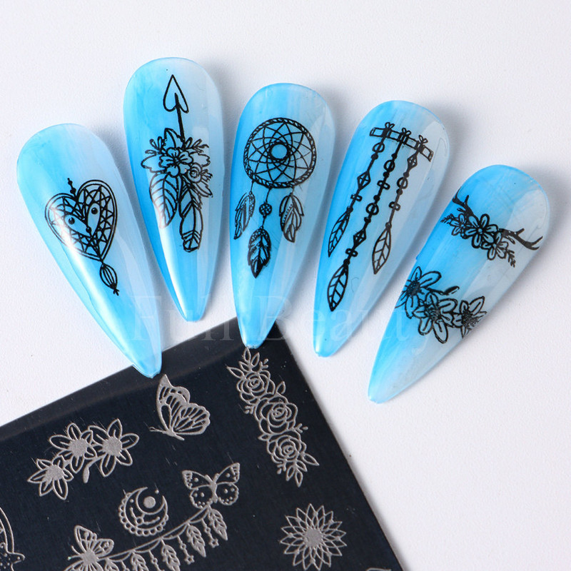 Franču nagu apzīmogošanas plāksne ģeometriskā līnija zvaigzne sirds ziedi nagu mākslas zīmogu veidnes attēlu drukāšanas zīmogi trafaretu manikīrs