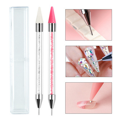 1db kétvégű körömpontozó toll kristálygyöngyök fogantyú strassz szegecsek Picker viasz ceruza zselé UV ecset manikűr körömdíszítő eszközök