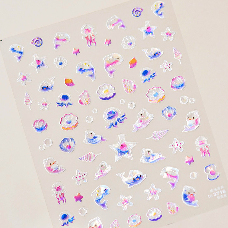 Cochilii de sticlă Delfin Stea de mare Meduze Fantezie Plajă Vară Visător Conch Star Decalcomanii Moale Relief Decor 3D Autocolante Nail Art