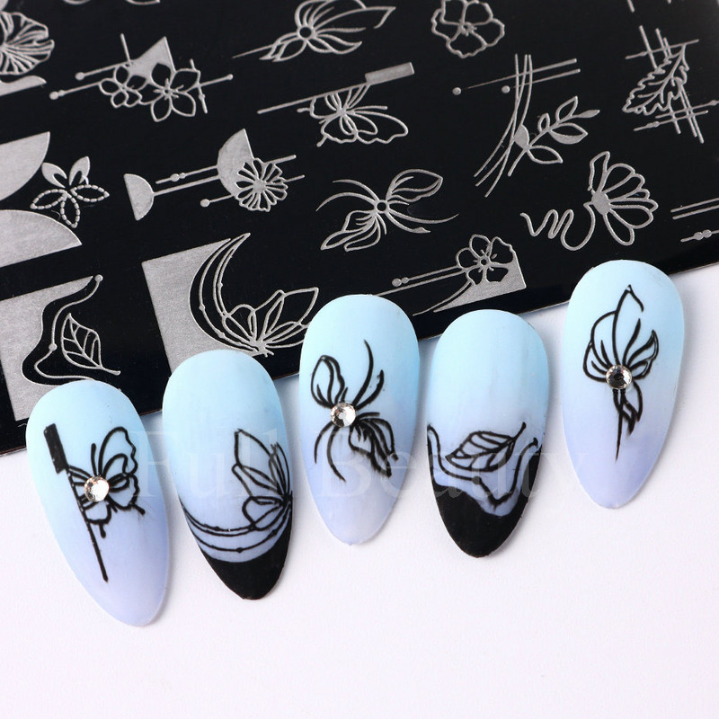 Geometrijska valovita linija Nail Art Šablone za pločice za žigosanje Leptir Cvijeće Listovi Francuski pečati za nokte Šablone za šablone Manikura