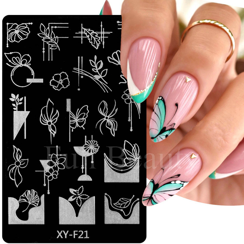 Geometrijska valovita linija Nail Art Šablone za pločice za žigosanje Leptir Cvijeće Listovi Francuski pečati za nokte Šablone za šablone Manikura