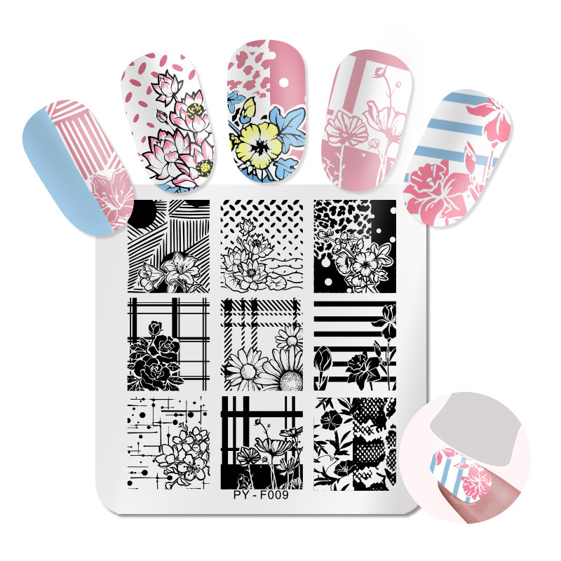 PICT Jūs kvadrātveida ziedu nagu apzīmogošanas plāksnes Trafareti instrumenti nagu mākslas zīmoga veidnes dizains nerūsējošā tērauda attēla plāksne