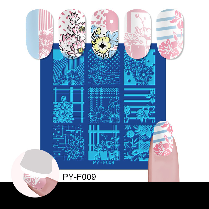 PICT Jūs kvadrātveida ziedu nagu apzīmogošanas plāksnes Trafareti instrumenti nagu mākslas zīmoga veidnes dizains nerūsējošā tērauda attēla plāksne