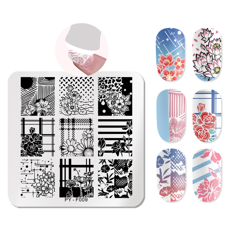 PICT Jūs kvadrātveida ziedu nagu apzīmogošanas plāksnes Trafareti instrumenti nagu mākslas zīmoga veidnes dizains nerūsējošā tērauda attēla plāksne