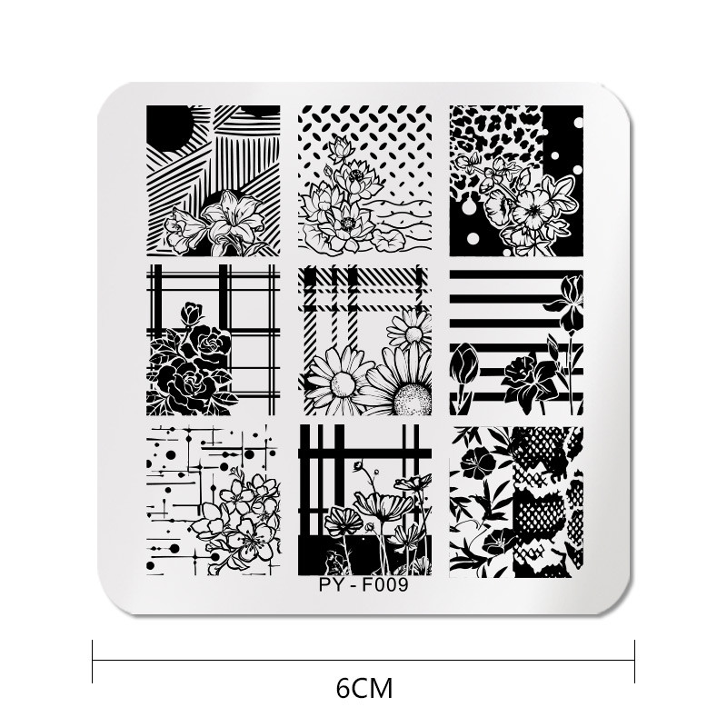 PICT Jūs kvadrātveida ziedu nagu apzīmogošanas plāksnes Trafareti instrumenti nagu mākslas zīmoga veidnes dizains nerūsējošā tērauda attēla plāksne