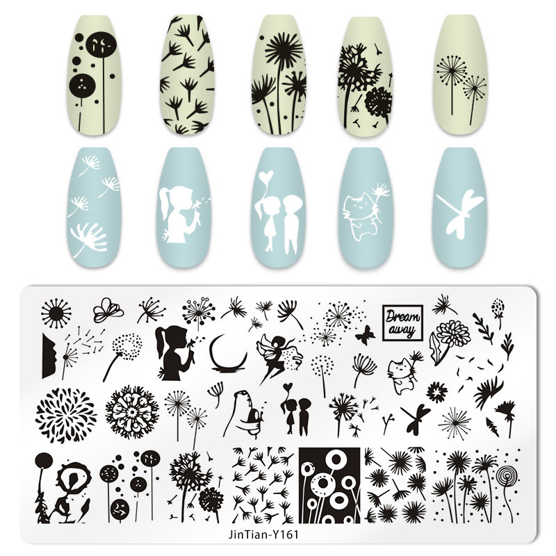 Pravokutni cvijet Maslačak Tanjuri za utiskivanje noktiju Slatke mačke Predložak od nehrđajućeg čelika Šablone za slike za nokte Životinje DIY Alati za tanjure