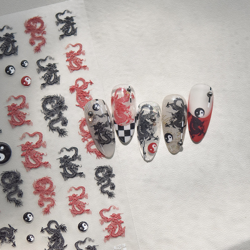 Melnbaltā ķīniešu pūķa reljefa līmējošā nagu mākslas uzlīmes dizaina dekorācijas uzlīmes DIY folijas mākslas manikīrs T-1778