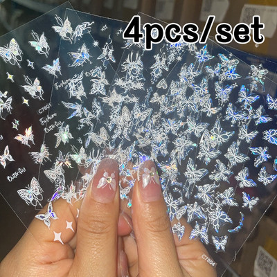 4Pcs/Set Laserske naljepnice s crnim leptirima Holografski leptiri Zvjezdani dizajn nakita Naljepnice 3D samoljepljive klizne dekoracije za nokte*
