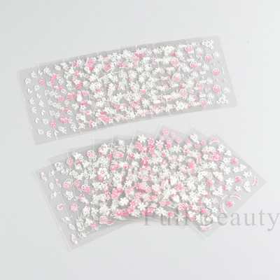 30 gab. Rozā balti ziedi nagu uzlīmju komplekts Sakura Cherry Jauki ziedu uzlīmes Sirds mēness tauriņš slīdņi nagu piekariņi LA3D30set-01