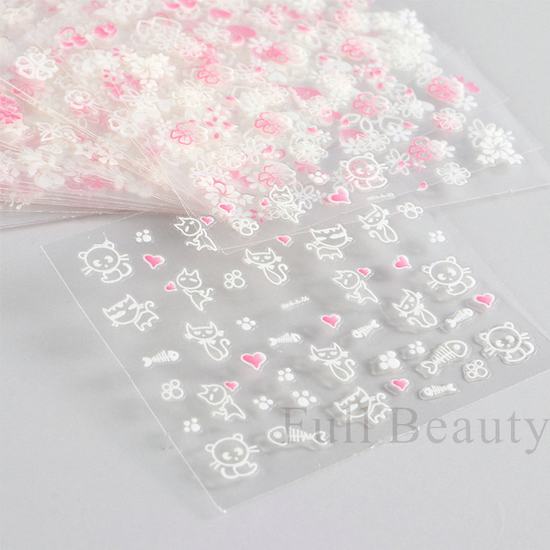 30 gab. Rozā balti ziedi nagu uzlīmju komplekts Sakura Cherry Jauki ziedu uzlīmes Sirds mēness tauriņš slīdņi nagu piekariņi LA3D30set-01