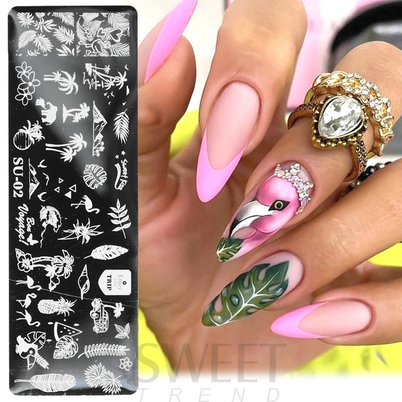 Palmu koku nagu mākslas štancēšanas plāksne vasaras pludmales lapu margrietiņa zieds flamingo attēlu drukāšanas veidnes veidnes nagu mākslas trafareti rīki