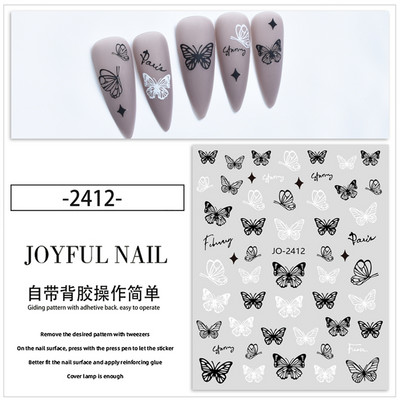 Tamni leptir naljepnice za nokte Crno bijeli šuplji leptir Ins Style Design Naljepnice za ukrašavanje noktiju