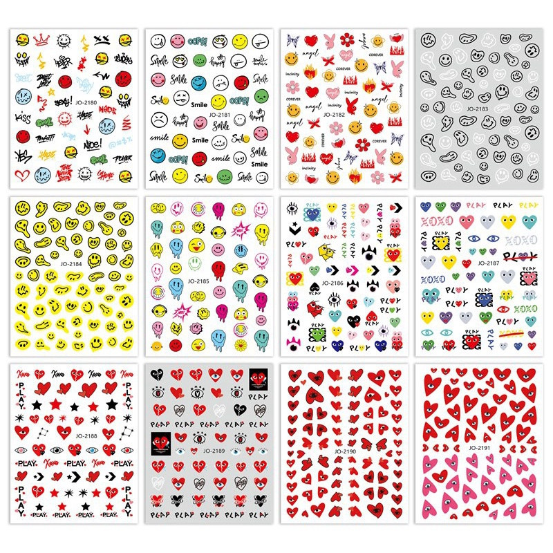 Sieviešu nagu mākslas uzlīme 2024. gada jauna Valentīna dienas nagu uzlīme Abstrakts, izkropļots smaidiņa raksts nagu dekors, DIY