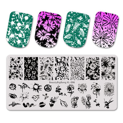 BeautyBigBang Nail Stamping Plates Heart Flower Scrawl Lip Rose Εικόνα από ανοξείδωτο ατσάλι Ορθογώνιο Nail Art Stamp Stamp