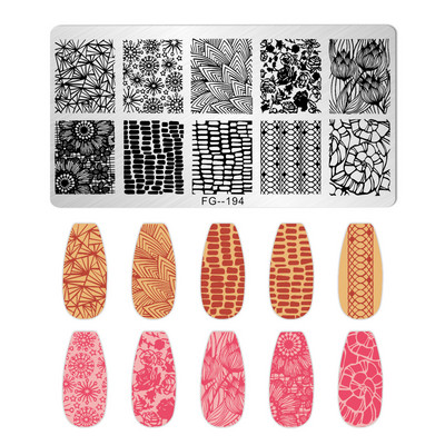 Ploča za utiskivanje noktiju rešetkasta linija slovo Biljni cvjetni uzorak DIY Predložak slike za manikuru Alati za šablone za nokte FG-178