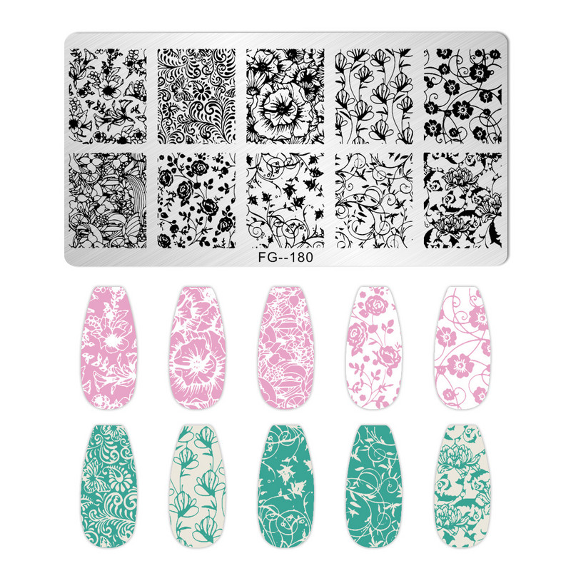 Ploča za utiskivanje noktiju rešetkasta linija slovo Biljni cvjetni uzorak DIY Predložak slike za manikuru Alati za šablone za nokte FG-178